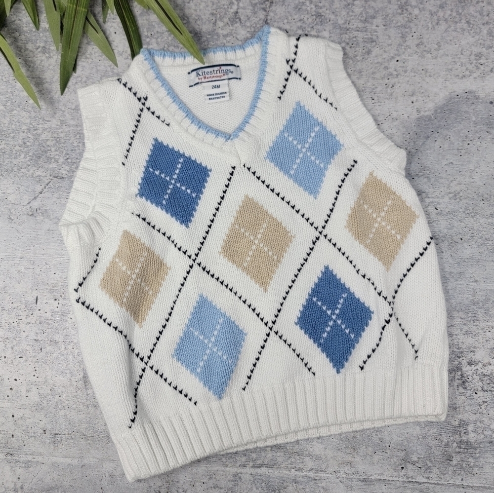 Kitestrings | White Tan Blue Boys Argyle Preppy Sweater Vest Size 24M